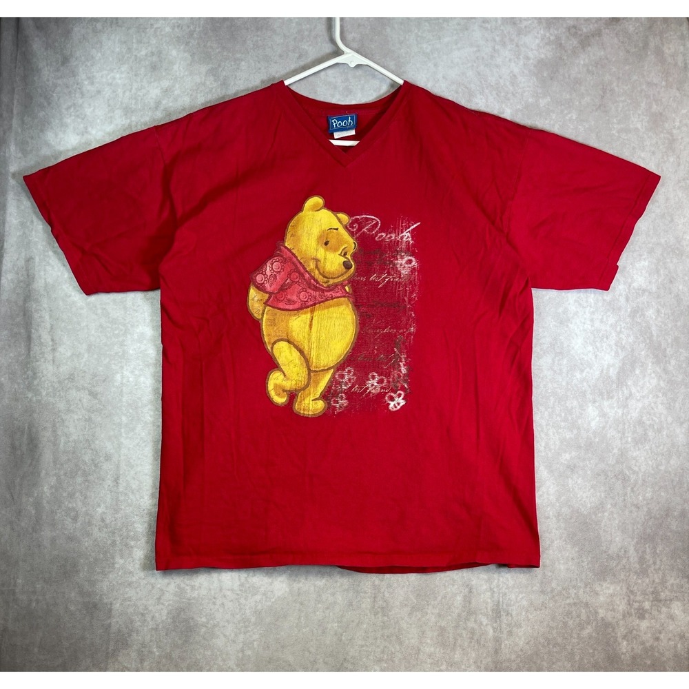 VINTAGE Winnie the Pooh Shirt Adult XL Red V Neck Graphic Tee Disney Cartoon 90s